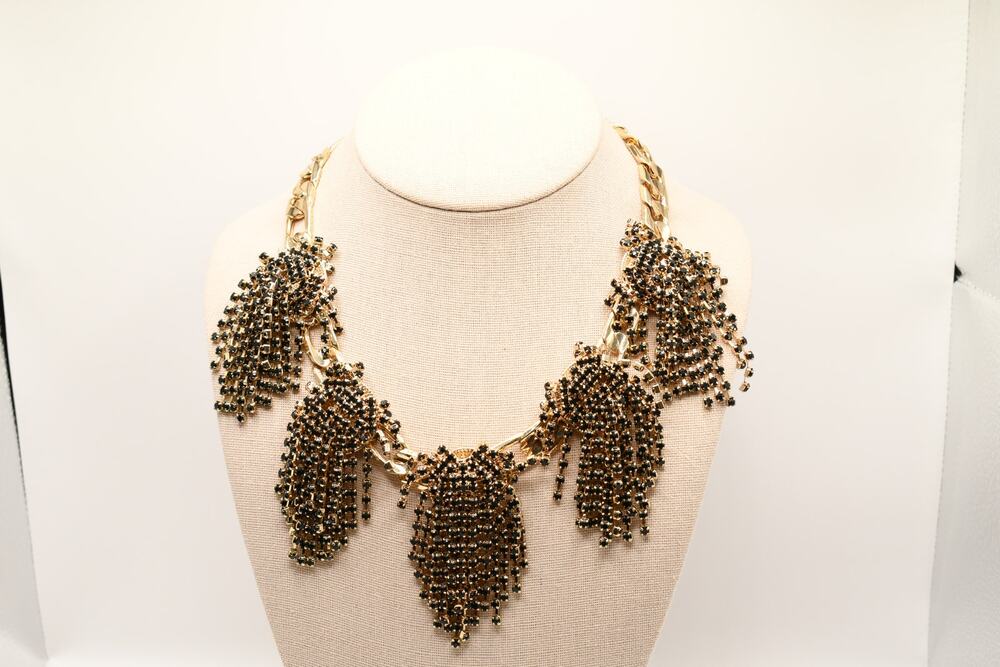 INC Black Rhinestone Fringe Tassel Statement Necklace Gold Tone 9 Oz